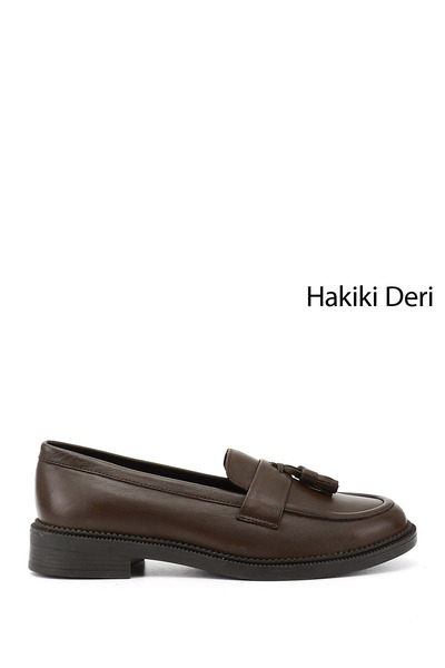 GÖNDERİ(R) Women's Brown Antique Genuine Leather Tasseled Loafer Shoes