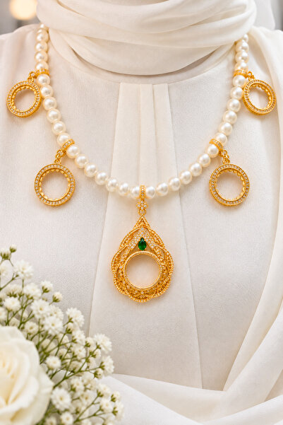 TwinsCollection Çeyrekli Altın Uyumlu 8mm İncili 5'i Bir Yerde Kolye - Çeyrek...