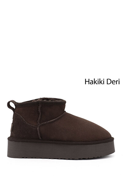 GÖNDERİ(R) Women's Brown Nubuck Mini Platform Sole Genuine Leather Fur Boots