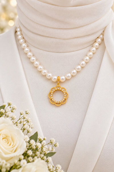 TwinsCollection Çeyrekli Altın Uyumlu 12mm Incili Kolye