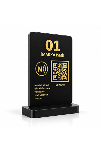 İşletmeye Özel NFC Google Yorum ve QR Menü Masa Numarası Standı – Siyah Gold