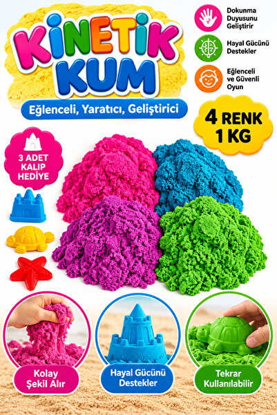 Hobialem Heroes, Kinetik Kum, 4 Renk 1 Kg, Oyun Kumu, Kalıp Hediyeli