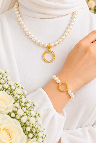 TwinsCollection Yarım Altın Uyumlu 12mm Incili Kolye Çeyreklikli Bileklik Seti