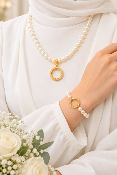 TwinsCollection Çeyrek Altın Uyumlu 12mm Incili Kolye Bileklik Seti - Çeyrekl...