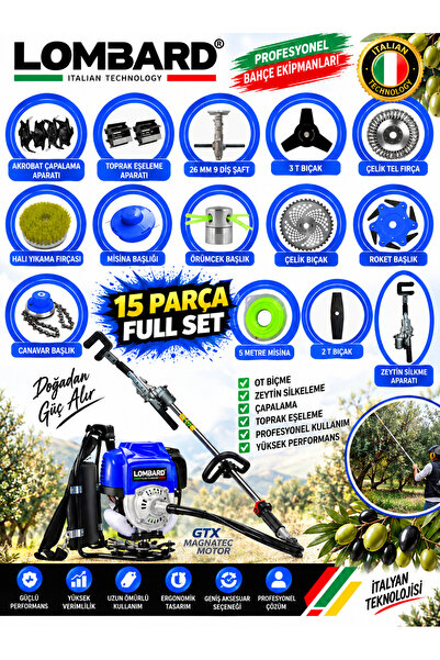 Cros LOMBARD VERTORO-15X 15 Parça Full Set Sırt Tipi Çapalama+Zeytin Silkeme Hasat Toplama GTX Seri Tırpan Motoru