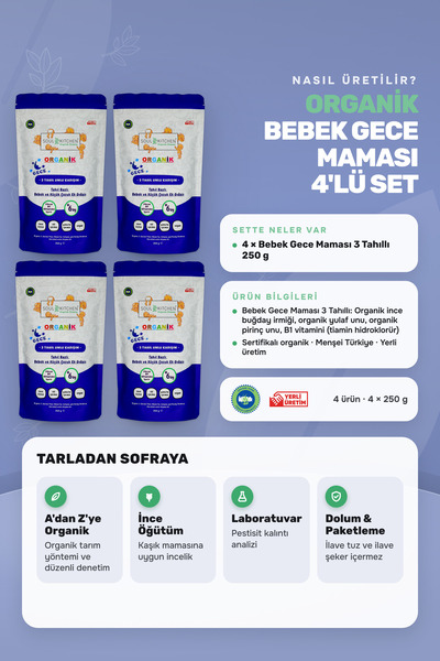 Soul Kitchen Organik Ürünler Organik Bebek Gece Maması 3 Tahıllı B1 Vitaminli Ek Gıda 4’lü Set Sertifikalı