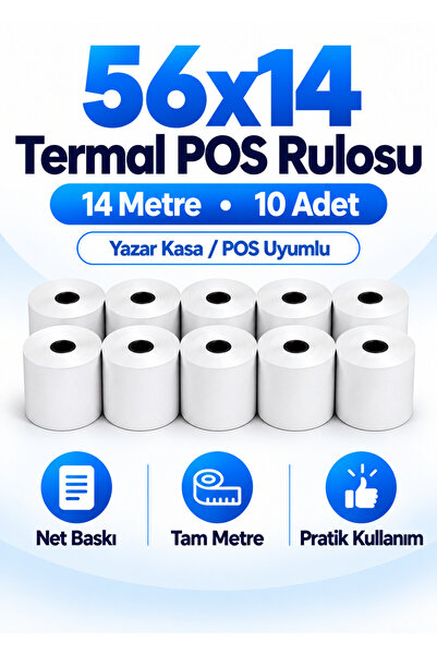 PEAKPACK Pos Rulosu Kağıdı 56x14 (Tam Metre ) Termal Rulo 10 ADET