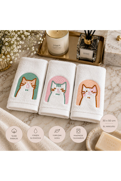 2Ddesign Kedi nakışlı el ve mutfak havlusu 30 x 50 (3 adet)