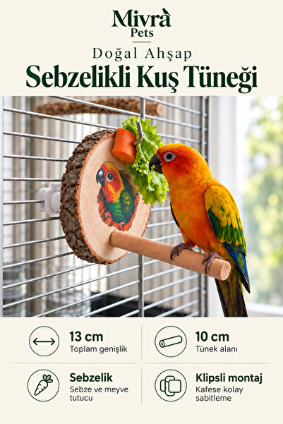 Mivra Pets Doğal Ahşap Gövdeli Kuş Oyuncağı Sebze ve Meyve Tutuculu Kafes Aks...
