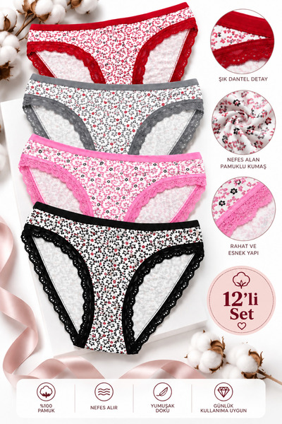 USLULAR 12’li Dantelli Bikini Külot Karışık Renk – Ekonomik Avantaj Paketi