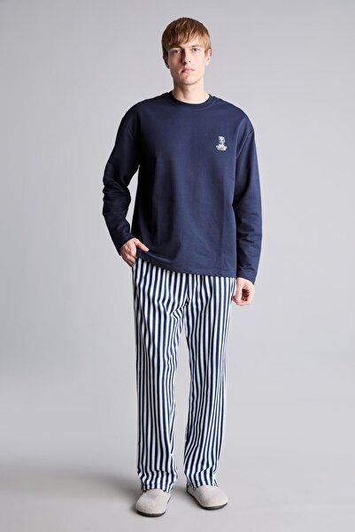 DeFacto %100 Cotton Regular Fit Crew Neck Long Sleeve Printed Top Striped Bot...