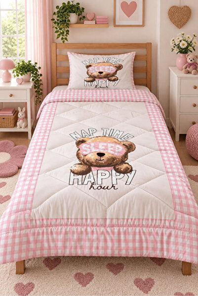 Evmila Happy Teddy Desenli Çift Taraflı 160x220 cm Uyku Seti, Çarşafsız Tek K...