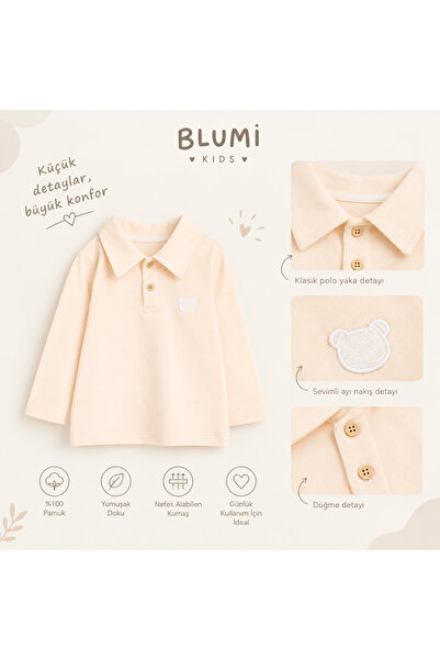 blumi kids Embroidered Polo Neck Long Sleeve T-Shirt – Beige