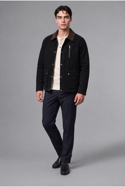 DeFacto Regular Fit Polo Collar Pocketed Velvet Collar Zippered Lined Coat F0...