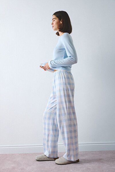 DeFacto 100% Cotton Slim Fit Long Sleeve Printed Top Checkered Bottom Ribbed Pajama Set H8812Ax26Au