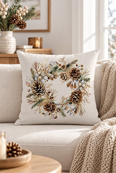 Evmila Winter Cone Wreath Patterned Throw Pillow Cover - Cream Suede Double S...