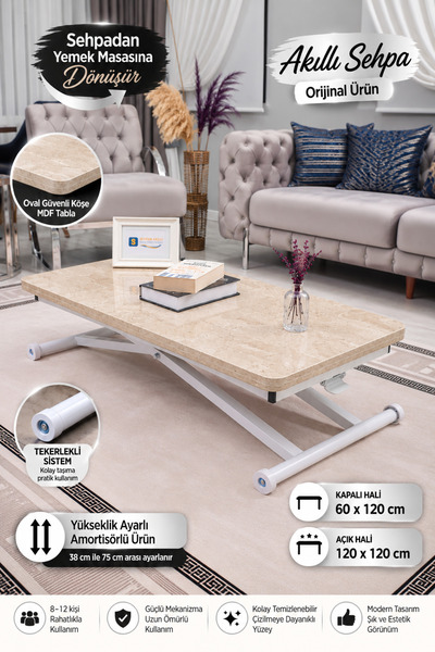 SEHPAM AKILLI Akıllı Sehpa Home Üst Tabla Mdf Traverten Oval Güvenli Köşe Alt...