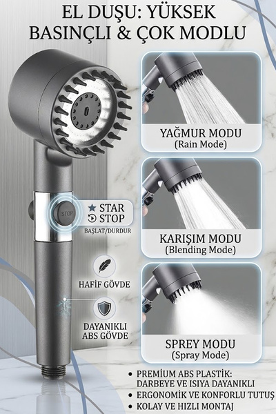 banyonatural Yüksek Basınçlı Turbo Terma Masaj-El Duş Başlığı – Su Tasarruflu...
