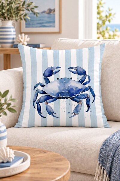 Evmila Blue Crab and Line Pattern Double-Sided Printed Suede Decorative Throw...