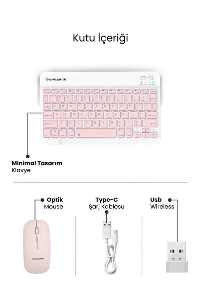 SPRANGE Tablet Ve Telefonlar İçin Bluetooth - Wireless Klavye Ve Mouse Set - Pembe