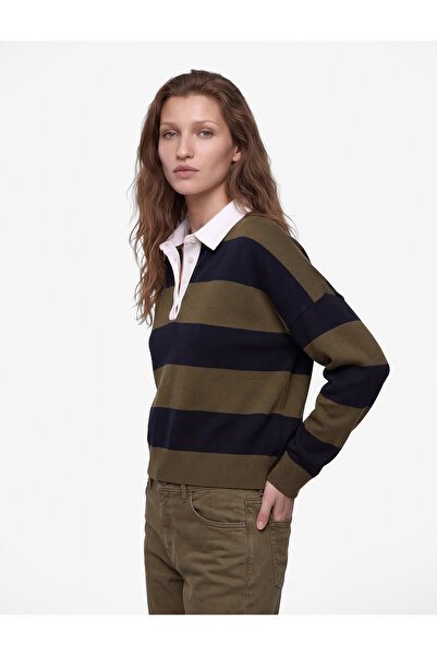 Koton Regular Fit Long Sleeve Polo Collar Striped Knit Sweater