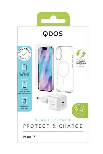 QDOS حزمة البداية لهاتف آيفون 17/18 (غطاء حماية هجين مع مشبك، شاحن PowerCube ...