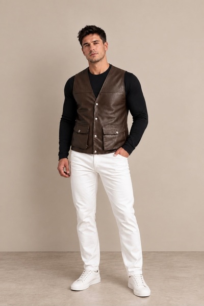 Velmora Leather Hakiki Deri Yelek Astarlı-Cepli-Kahverengi-Siyah