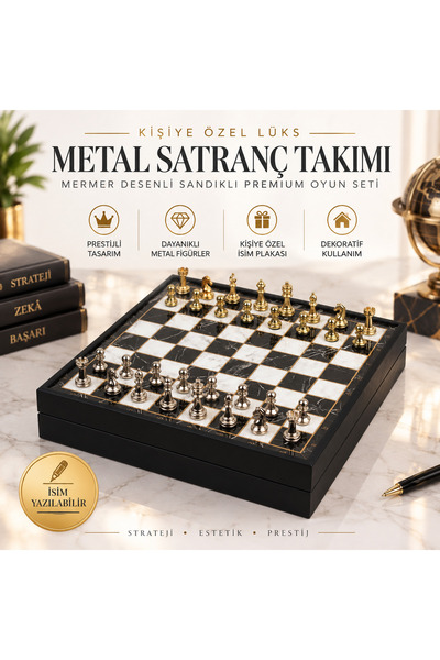 e-life shop Lüks Sandıklı Metal Satranç Takımı Krom Kaplama Klasik Gold Temal...
