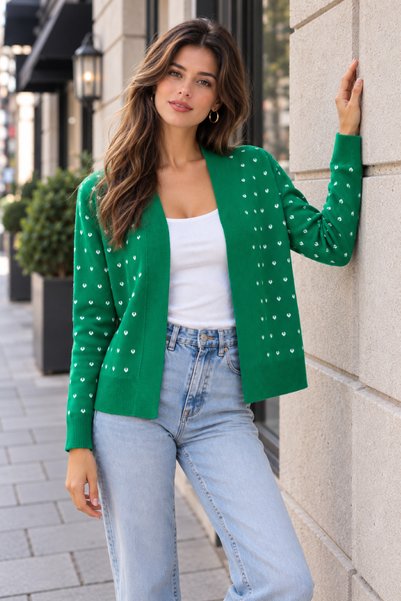 Devinka Jachetă de damă cu model inimioare, tricotaj cu guler, cardigan