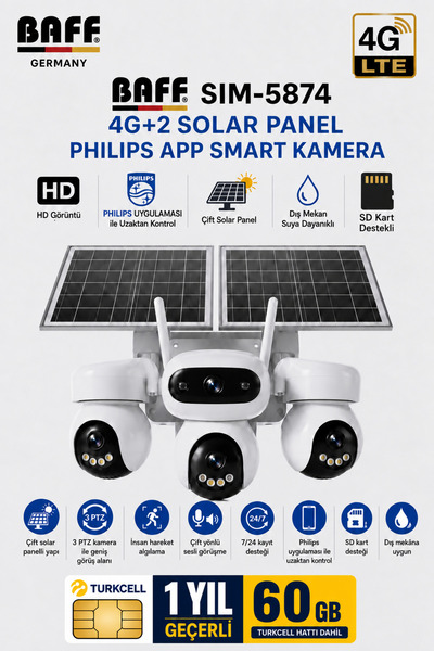 BAFF GERMANY SIM-5874 Çift Solar Panelli 4g Sım Kartlı 3 Lensli Ptz Akıllı Dı...