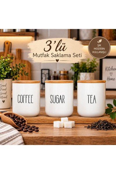 Kitchen Pembelia 3’lü Bambu Kapaklı 800 ml Çay/Şeker/Kahve Saklama Kavanozu T...