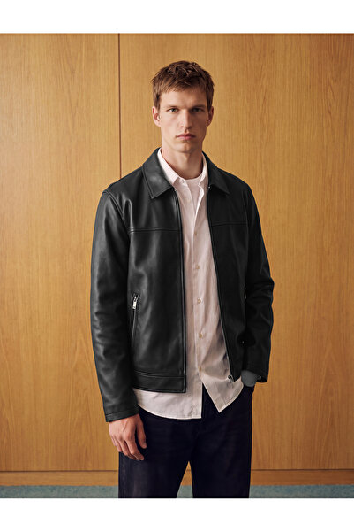 Koton Long Sleeve Zipper Pocket Shirt Collar Classic Faux Leather Jacket