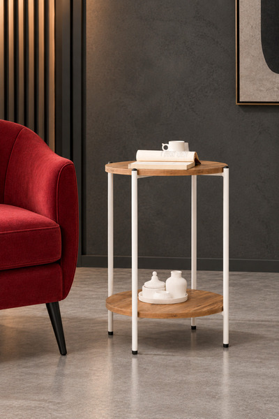 Arpelia Yuvarlak Tablalı İki Katlı Sehpa Q42x60 cm Beyaz Atlantik Çam