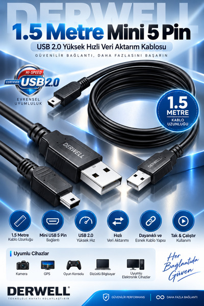 Derwell 1.5 Metre USB 2.0 Tip A Erkek 5Pin Mini Usb Veri Şarj Kablosu HDD içi...