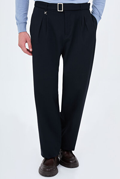 Mcr Straight Baggy Fit Double Pleated Belted Men's Trousers Navy Blue - 38393...