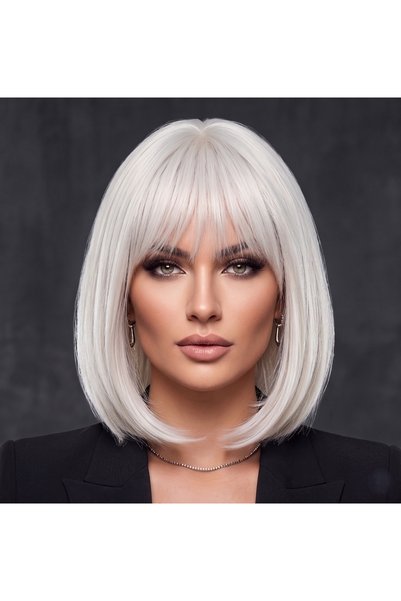 Genel Markalar Kadın Platin Küt Perçemli Peruk - 35 cm serisi 1. Kalite Isıya...