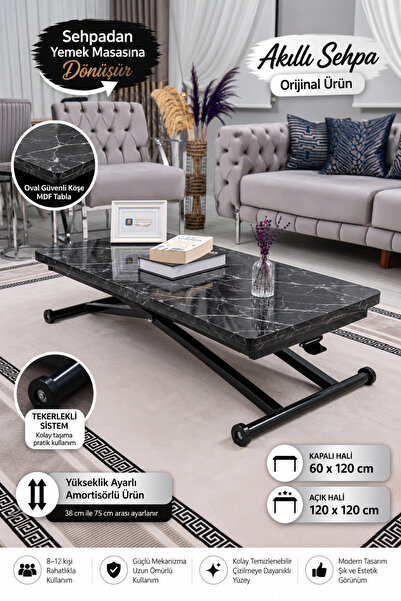 SEHPAM AKILLI Akıllı Sehpa Home Üst Tabla Mdf Siyah Mermer Oval Köşe Alt Meka...
