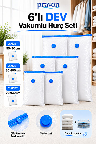 PRAVON 6'lı Büyük Boy Vakumlu Hurç Seti Yorgan Hurcu Battaniye Mont XXL Hurç