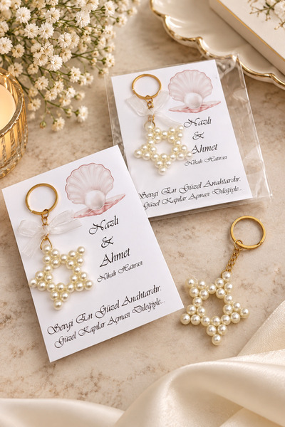 Masalsı Concept Keychain with 25 Cards and Pearls Keychain for Wedding, Henna...