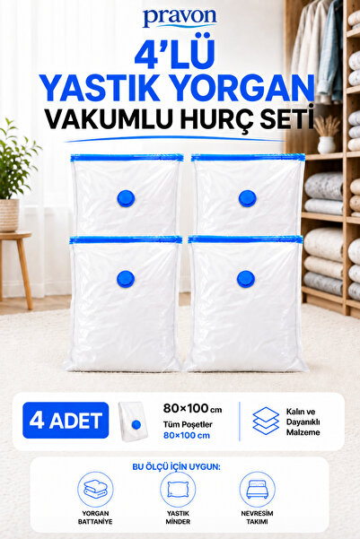 PRAVON 4’lü Yastık Yorgan Vakumlu Hurç Seti 80x100 cm – Battaniye Nevresim Sa...