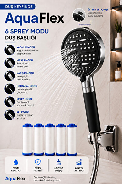 AquaFlex Filtreli Duş Başlığı | 6 Fonksiyonlu | 5 Yedek Filtre | Su Arıtmalı,...