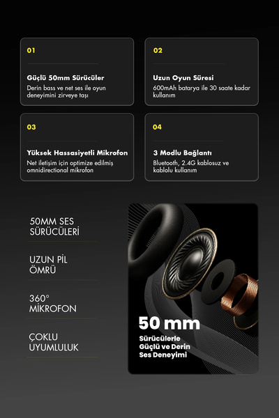 gameagle Ghost Pro (Bluetooth/2.4G/Kablolu) Profesyonel Mikrofonlu Oyuncu Kulaklığı Siyah