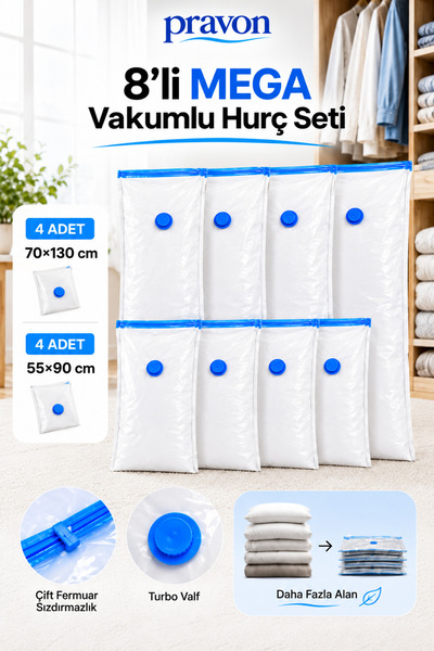 PRAVON 8'li Vakumlu Hurç Seti 2 Farklı Boy Büyük Boy Kıyafet Yorgan Hurcu