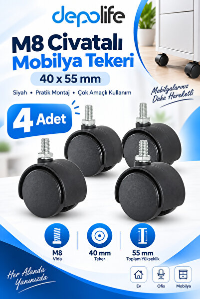 Depolife Civatalı Teker Siyah M8 40x55mm metrik 8 vidalı Mobilya tekerleği 4 ...