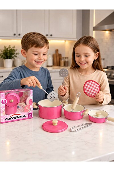 cayenna Pembe Çelik Tencere Ve Tava Aksesuar Seti 8 Parça Metalik Oyuncak Mut...