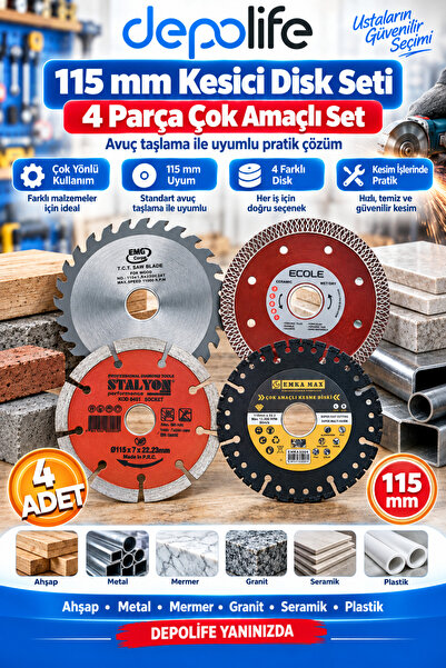 Depolife 115mm Ahşap Metal Mermer Granit Seramik kesici disk Seti Elmaslı Dai...