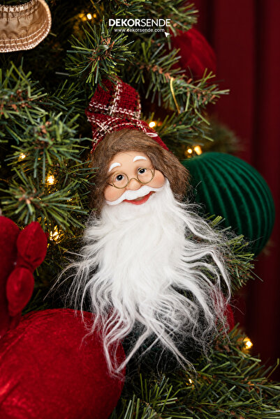 Dekorsende Yılbaşı Süsü Mini Ekoseli Kürk Detaylı Noel Baba Kafası Bordo 25 cm