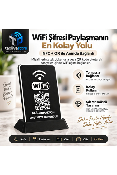 QR Kodlu Wi-Fi Bağlantı Standı – NFC Etiket Uyumlu Masaüstü Tabela, Siyah Beyaz
