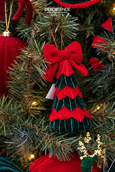 Dekorsende Ornament de brad din catifea cu fundita de Craciun, rosu verde, 14 cm
