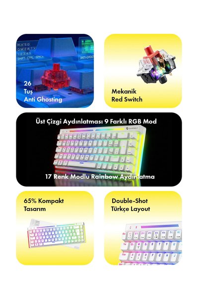 gameagle Nebula %65 Kompakt Red Switch 17 Mod RGB Mekanik Full Anti-Ghosting Mekanik Oyuncu Klavyesi Beyaz